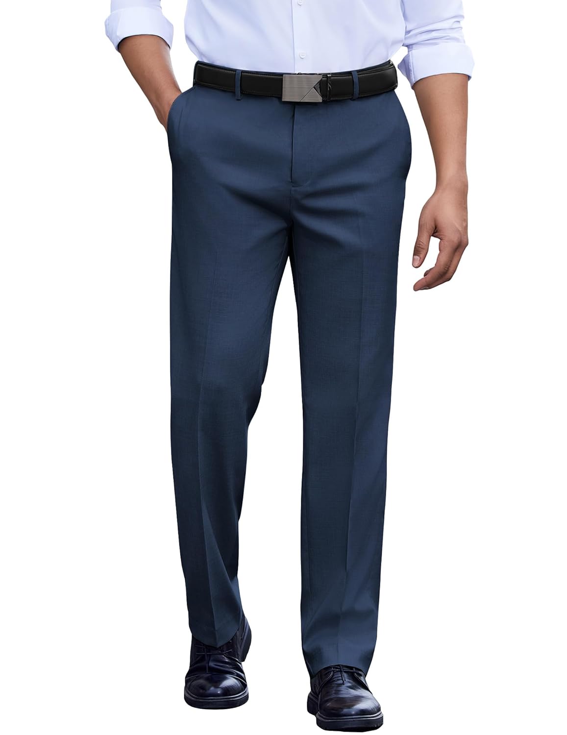 COOFANDY Calça social masculina com ajuste clássico, frente lisa, casual, cintura expansível, calça social