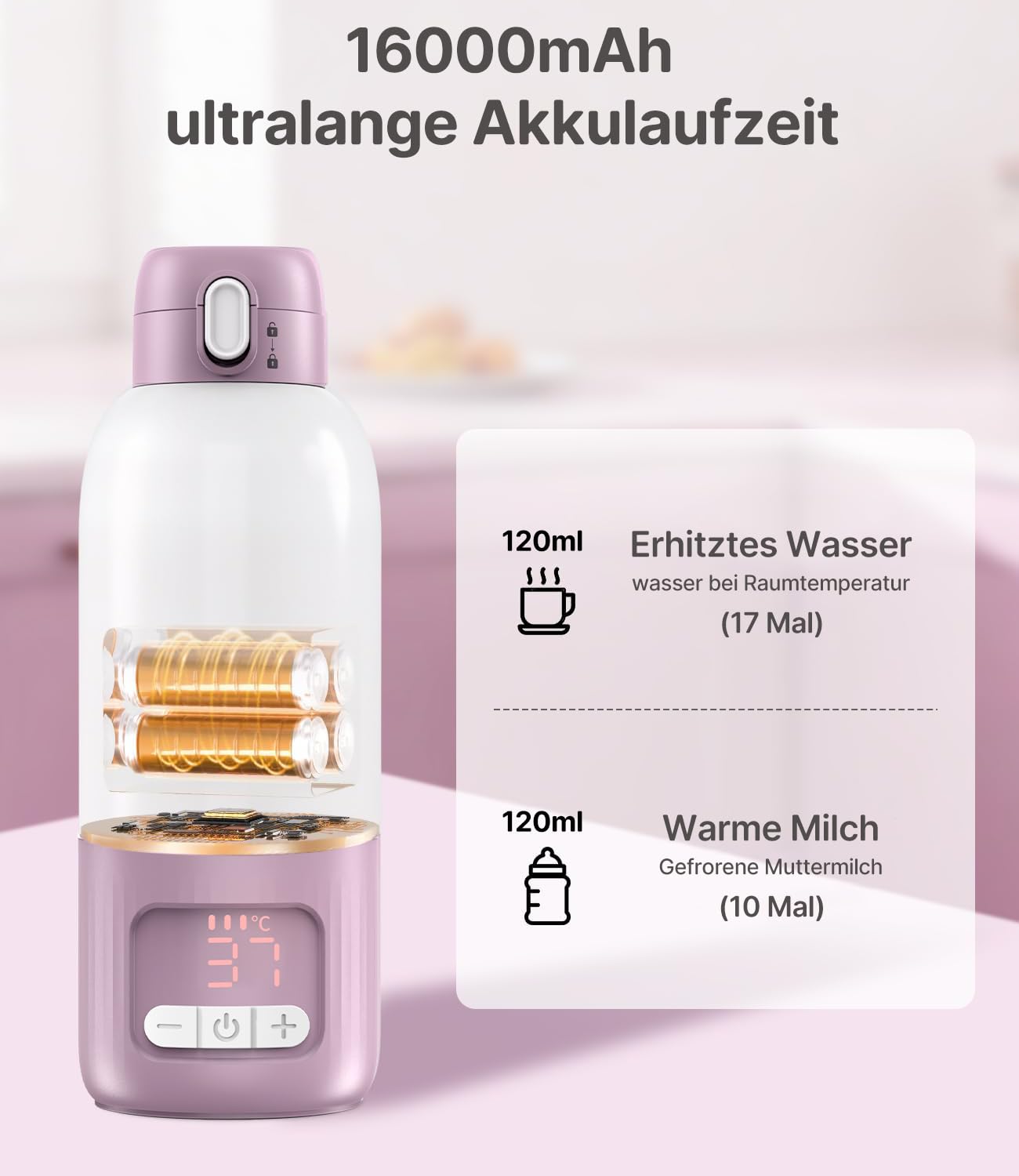 Tragbarer Baby Flaschenwärmer für Unterwegs, Pasteurisier-Funktion + 500ml Kapazität + 16000mAh-Akku | 2 Heizmodi für Muttermilch & Wasser | Schnellaufheizen & Kochfähig