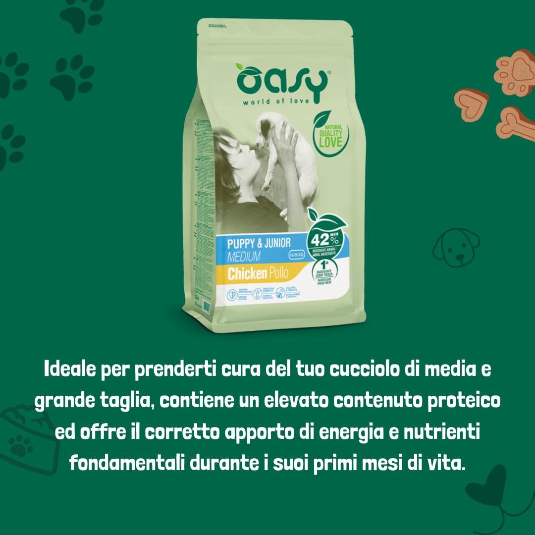Oasy Puppy Cane Medium Pollo 10kg, alimento completo per cani cuccioli di taglia media gusto Pollo,10kg.