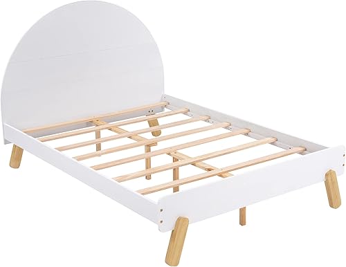 Miniatura 4 de SOFTSEA Marco de cama para niños de tamaño matrimonial con cabecero, plataforma blanca, marcos de cama para niñas y niños, no necesita somier, fácil