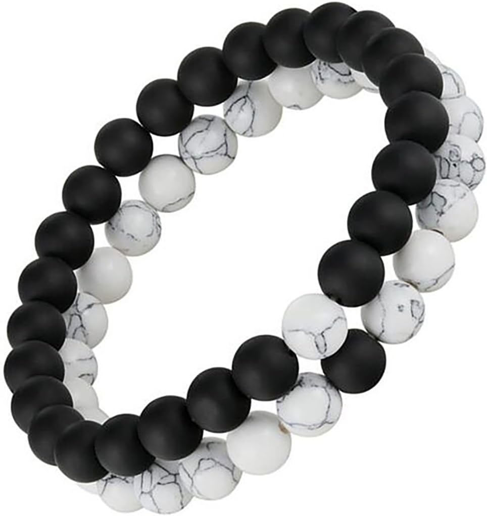Set of 2 Womens Mens 8mm Handmade Couples Distance Beads Bracelets Friendship Couple Jewelry Round Energy Stone Beads Gemstone Beaded for Valentine Birthday (White Howlite & Black Matte Agate)