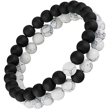 Set of 2 Women Men 8mm Handmade Couple Distance Beads Bracelets Friendship Couple Jewelry Round Energy Stone Beads Gemstone Beads for Valentines Birthday White Howlite & Black Matte Agate, 7 inch