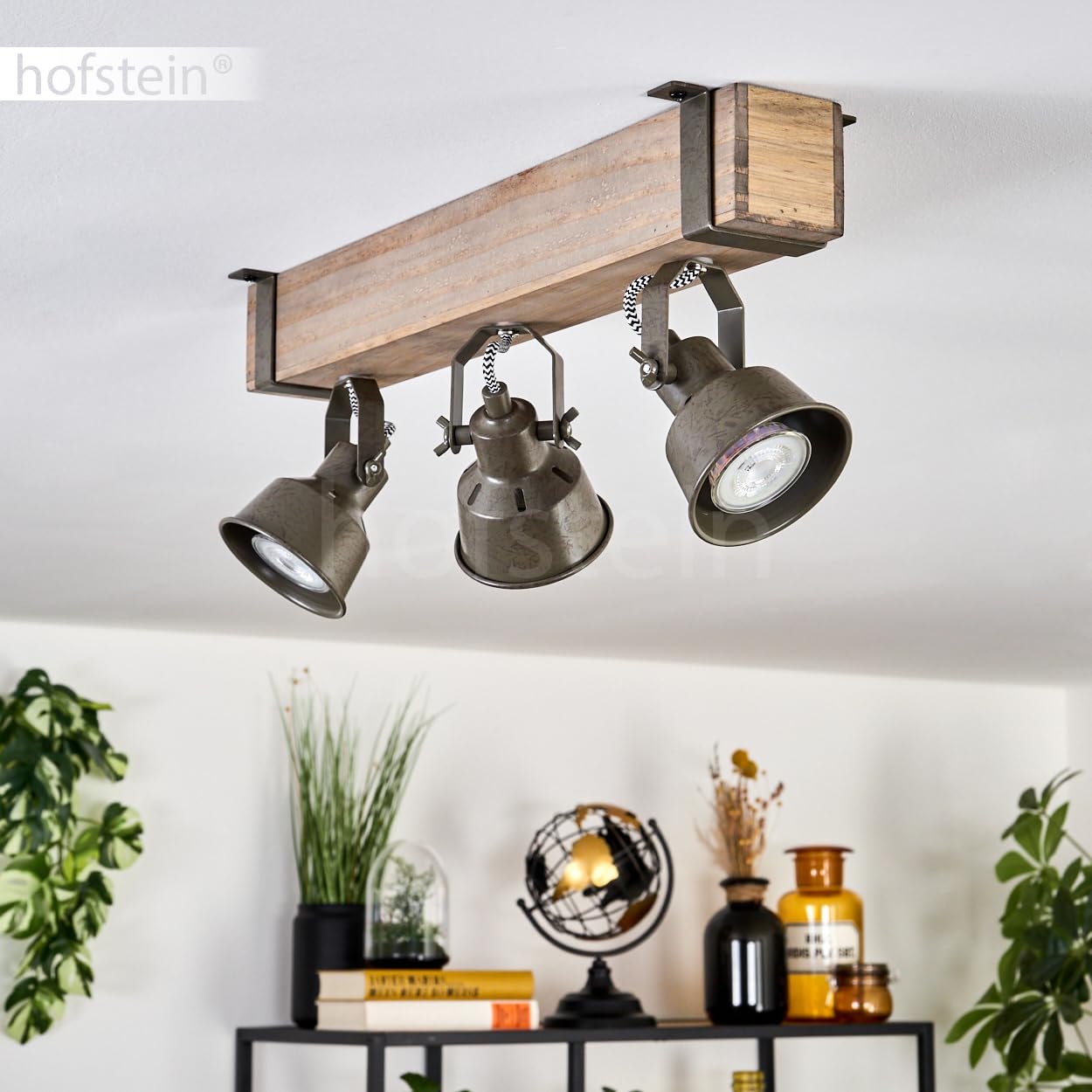 Deckenleuchte Pehefito, moderne Deckenlampe aus Metall/Holz in Grün-Grau/Natur, Deckenleuchte im Industrial Design mit verstellbaren Schirmen, 3-flammig, 3 x GU10 ohne Leuchtmittel
