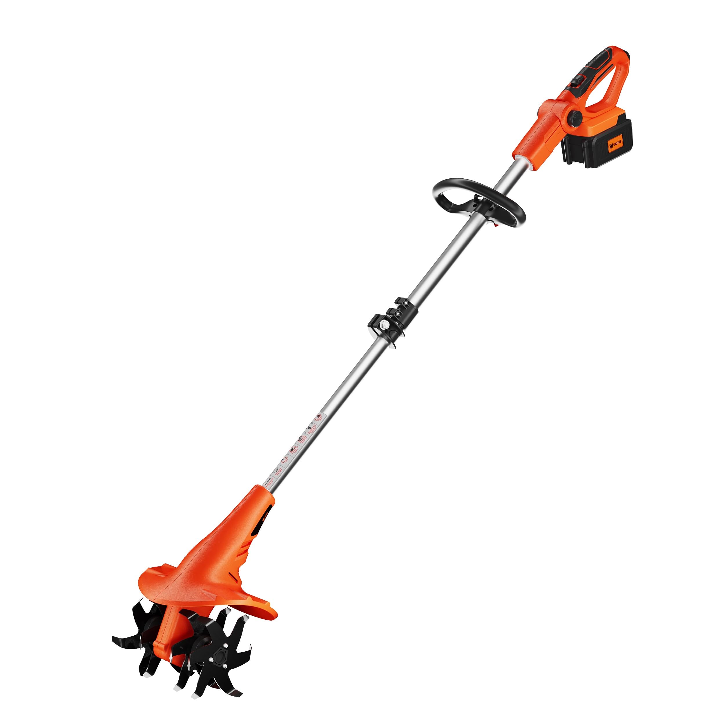 UkokeCordless Tiller Cultivator 40V 2.0 A Battery 280 max RPM Powered Tiller Cultivator, w/24 Steel Blade Cultivate Max Tilling 5'' deep Path by 7.8'' Wide, Orange, CT1940