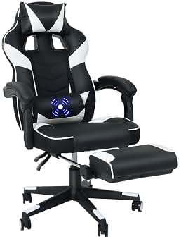 YU YUSING Silla Gaming Ergonómica con Masajeador, Silla de Ordenador Oficina con Reposacabez, Sillón Gamer Escritorio con Soporte Lumbar Reposapiés, Altura Ajustable, Cadeira Gaming, Blanco Negro