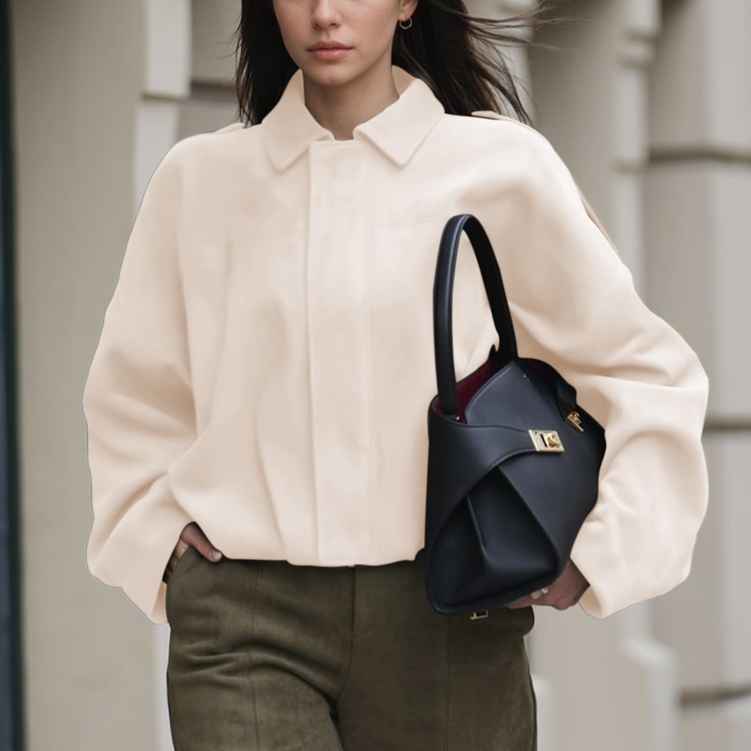 Womens Faux Suede Bomber Jacket Casual Lightweight Batwing Long Sleeve Oversized Coat Streetwear Outfits - Image 2