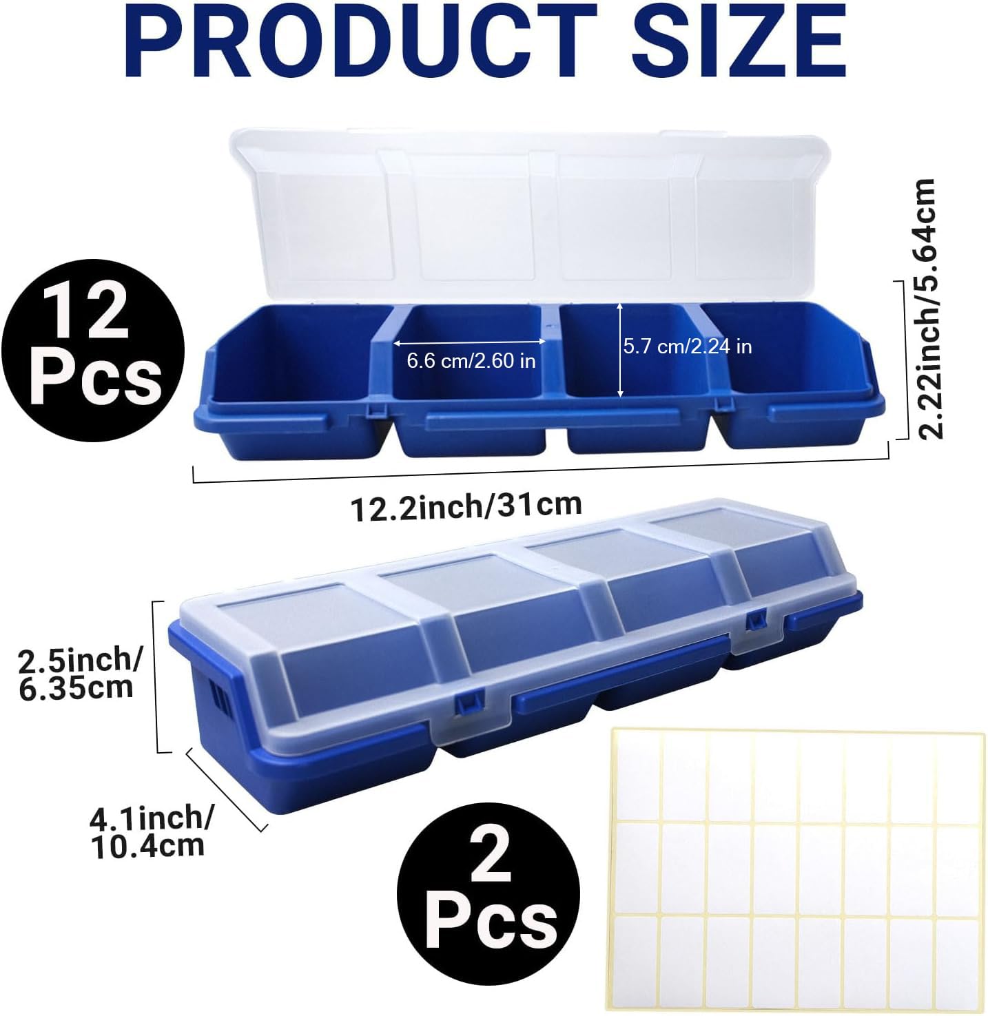Confezione da 12 scatole organizer a vite con coperchio, 4 scomparti divisori, contenitori per attrezzi, scatola organizer blu per viti di ordinamento per garage, piccole parti di attrezzi, forniture