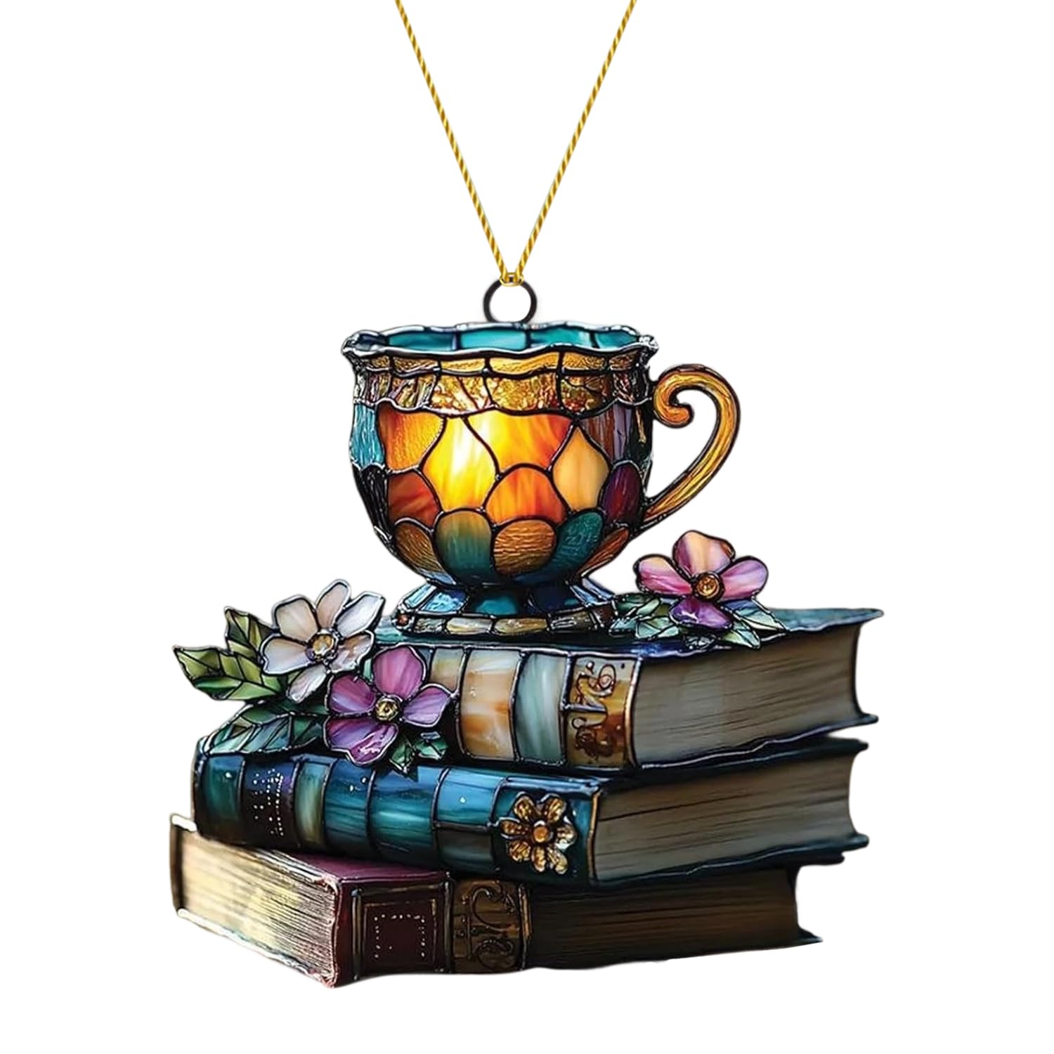 Stylish Stained Acrylic Suncatcher with Flower, Book & Tea Designs, Charming Books Ornament Sun Catchers for Windows, Perfect Bookish Gifts for Book Lovers, Reader & Women