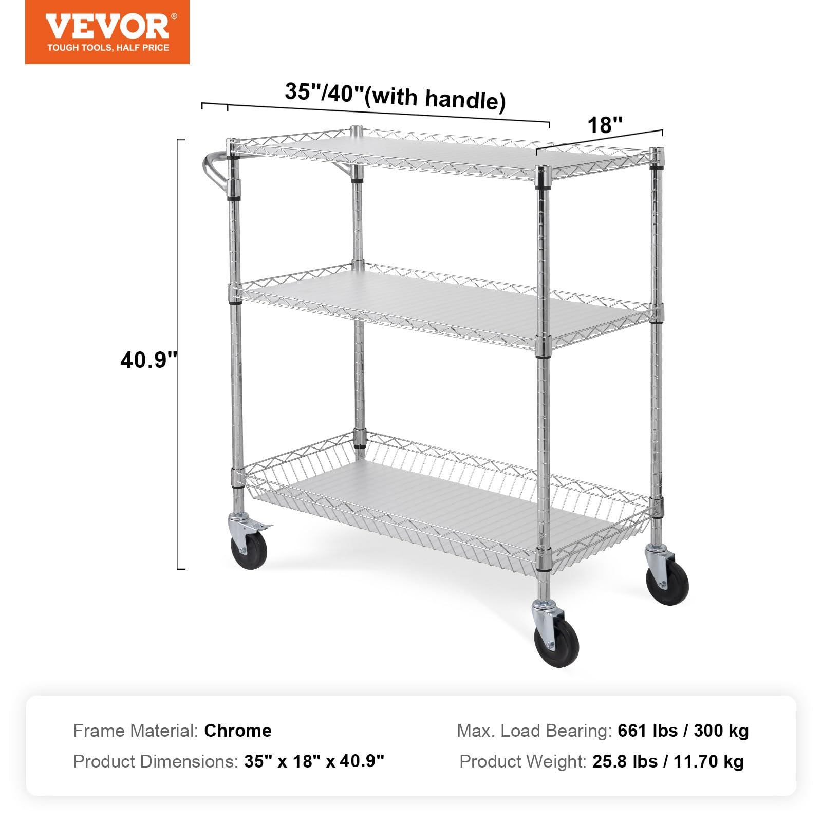 VEVOR Carrello da Cucina, 3 Livelli Carrello da Laboratorio con capacità di 300 kg, Carrello di Servizio Telaio Cromato, Carrello Portaoggetti, Carrello di Trasporto 6 Ganci, per Uso Interno Esterno