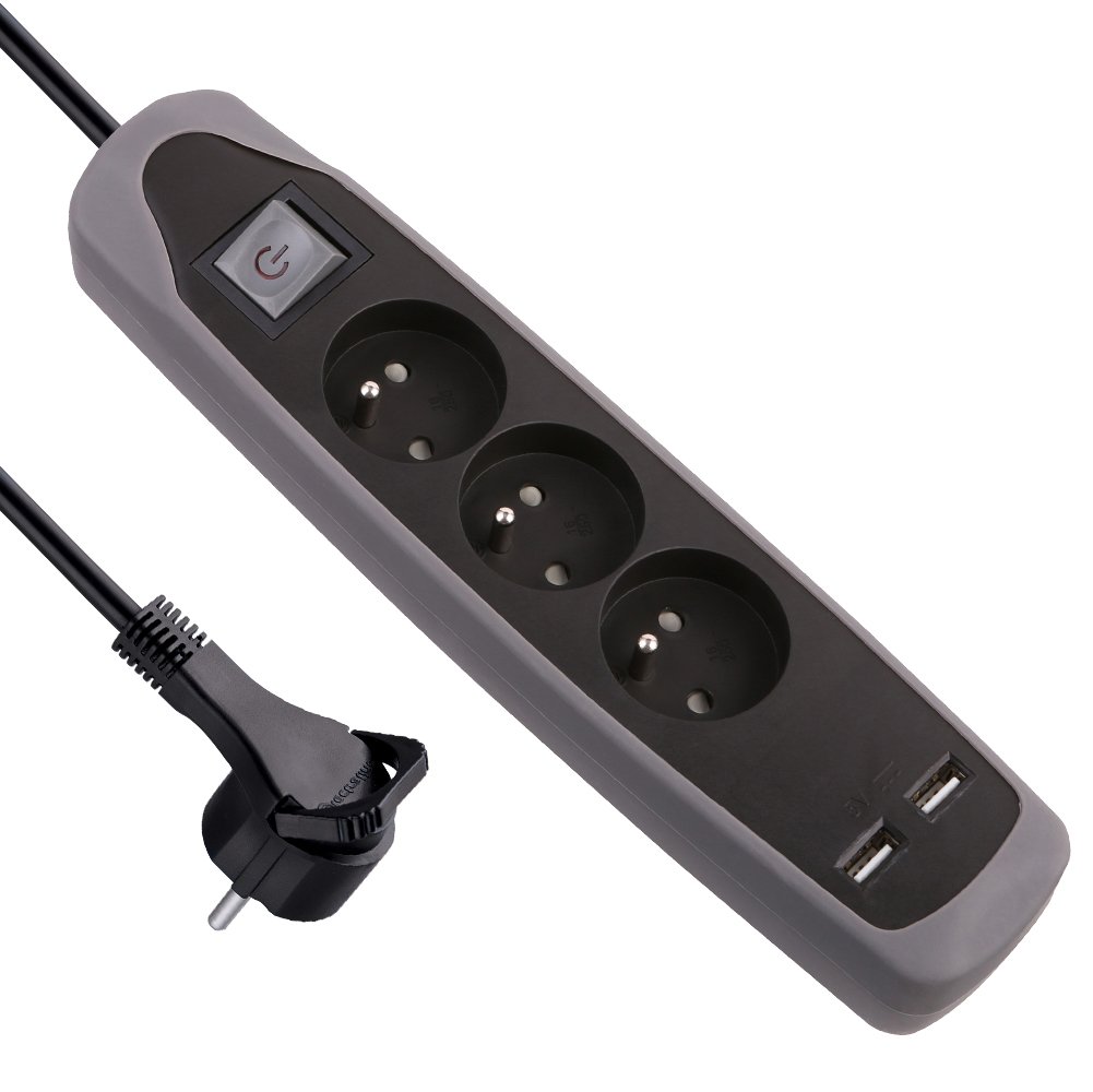 Electraline Gummy 35613 - Blocco multipresa a 3 prese e 2 USB, copertura in silicone, protezione dagli urti, cavo 2 m, spina piatta