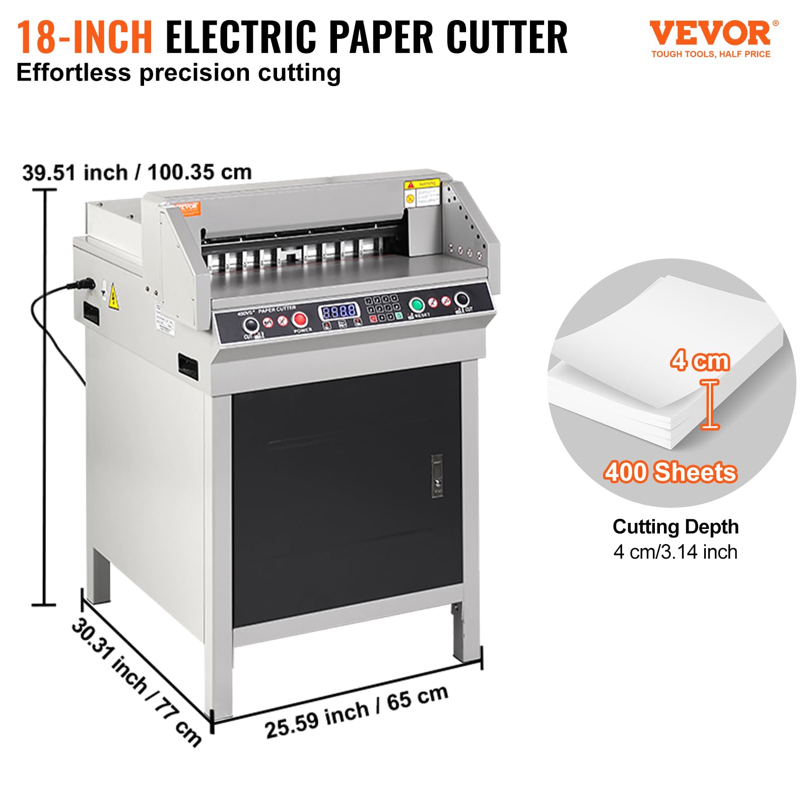VEVOR Taglierina per Carta Elettrica, Taglierina per Carta da Ufficio Taglio max. 450mm Taglio min. 50mm Spessore Taglio 40mm, Macchina Taglierina per Carta Ufficio Posizionamento Luce a Infrarossi