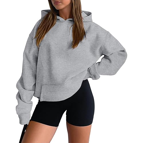 onlypuff Women Hoodies Casual Pullover Long Sleeve Sweatshirt Kangaroo Pocket Drop Shoulder Sweater