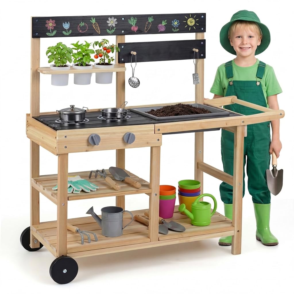 Maxmass Kids Mud Kitchen, Outdoor Garden Potting Bench with 3 Planting Pots, 2 Stoves, Removable Sink, Blackboard, Children Play Kitchen Backyard Toddler Toy Kitchens Pretend Set for 3+ Years Old