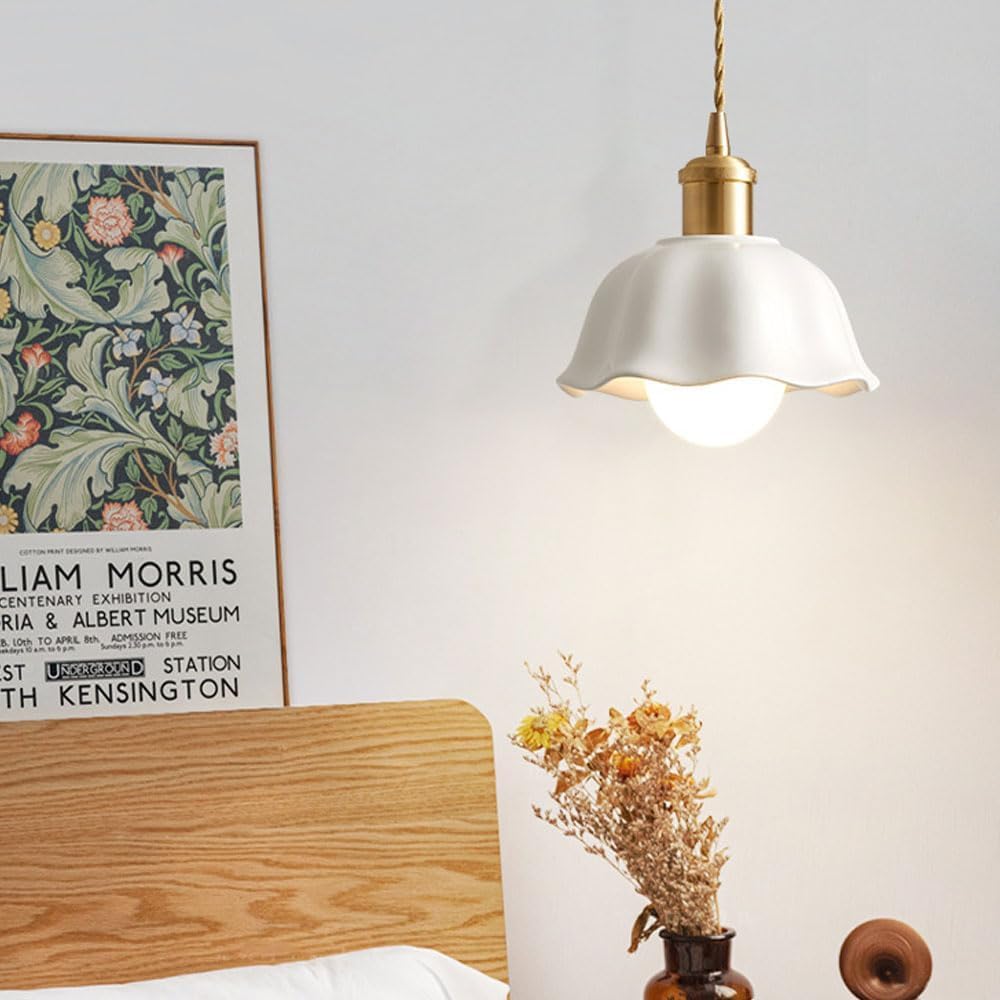 Wisząca Lampa Ceramiczna Z Połowy Wieku, Kwiat, Nowoczesna, Minimalistyczna, Biała, Wisząca Lampa, Wykończenie Mosiężne, łatwe W Czyszczeniu, Wisząca Lampa E27, Lampy Wiszące Adjus