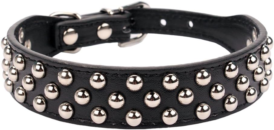 Aolove 3 Rows Mushrooms Rivet Studded PU Leather Dogs Collars (Medium, Black)