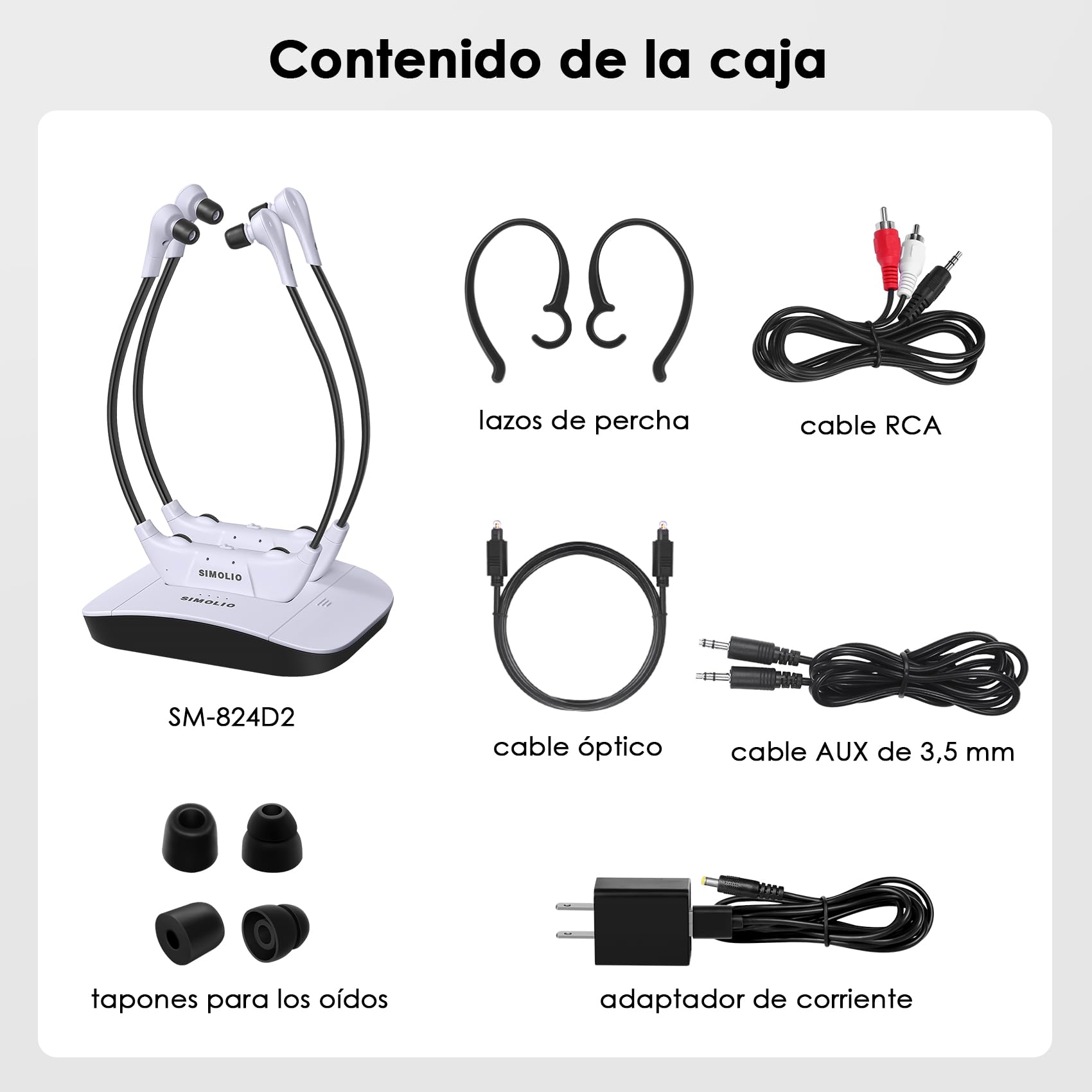 SIMOLIO 824D2 Dobles Auriculares Inalámbricos TV con Modo Voz para TV | Salida de Audio para Soundbar, Base con Batería Extra, Optico/RCA/AUX, Sin Retraso, Control de Tono y Balance, 50M