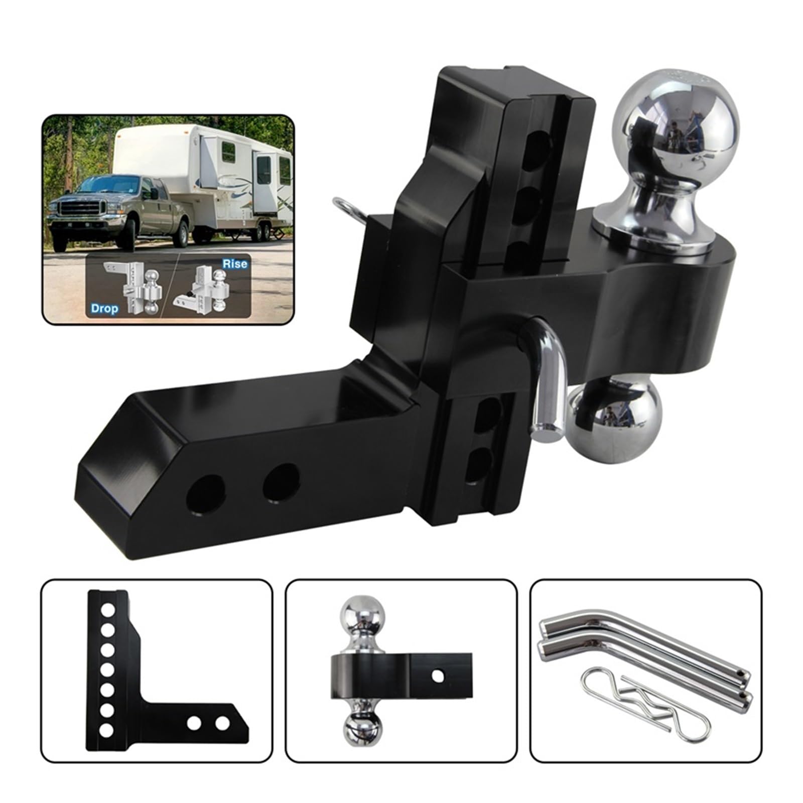 Attacco per rimorchio, 2 ''Ricevitore 6'' Goccia Regolabile Rimorchio Gancio Di Traino Dual Ball Mount 12500lbs For Camion CAMPER Camper Car Caravan Accessori(Noir)