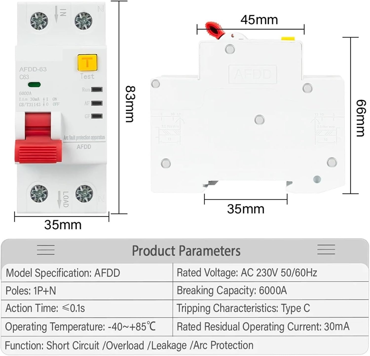 AC220V AFDD Arc Fault Protector Device RCBO RCCB MCB Circuit Breaker Interrupted Overload Earth Leakage Short Circuit Protection(63A)