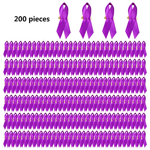 Image of 200 Pieces Purple Satin Awareness Ribbons with Safety Pins 1.4 x 3 inch