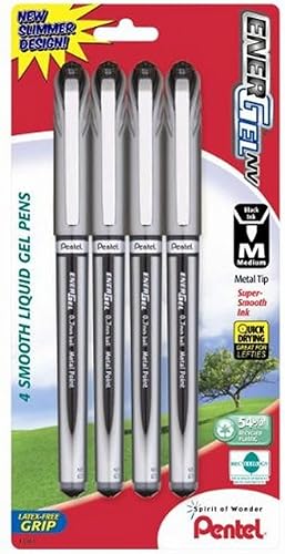 Pentel EnerGel NV - Bolígrafo de tinta de gel 0028in punta de metal tinta negra paquete de 4 BL27BP4A