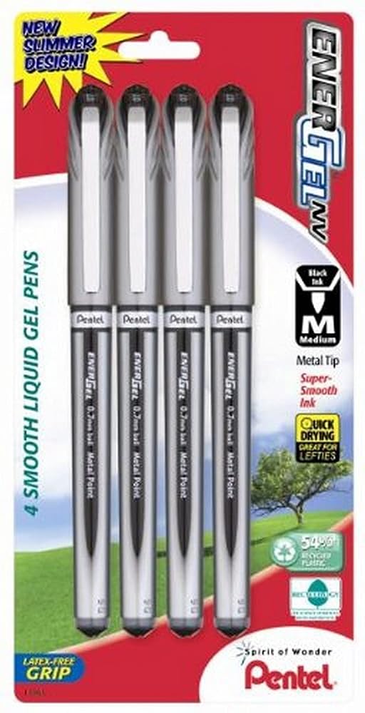 Pentel ENER-GEL NV Liquid Gel Pen, 0.7mm, Metal Tip, Black Ink, 4 Pack (BL27BP4A)