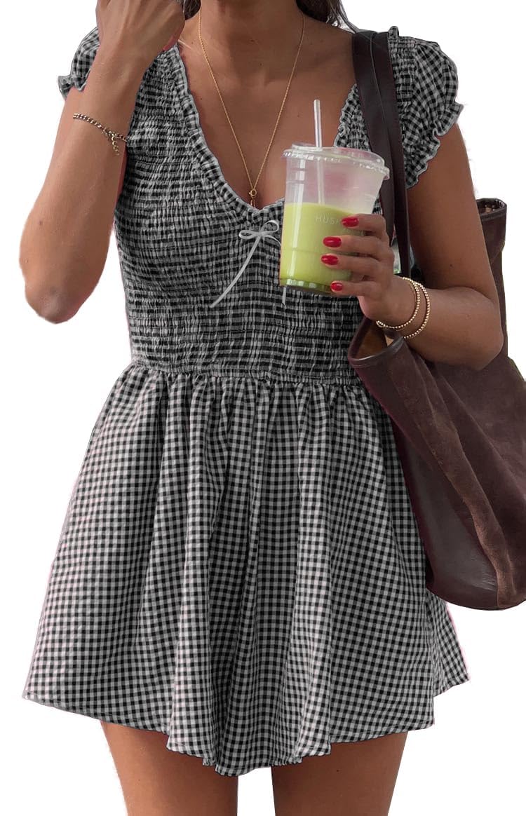 Womens Summer Gingham Rompers V Neck Puff Sleeve Smocked Wide Leg Plaid Shorts Dressy Jumpsuits-image-43
