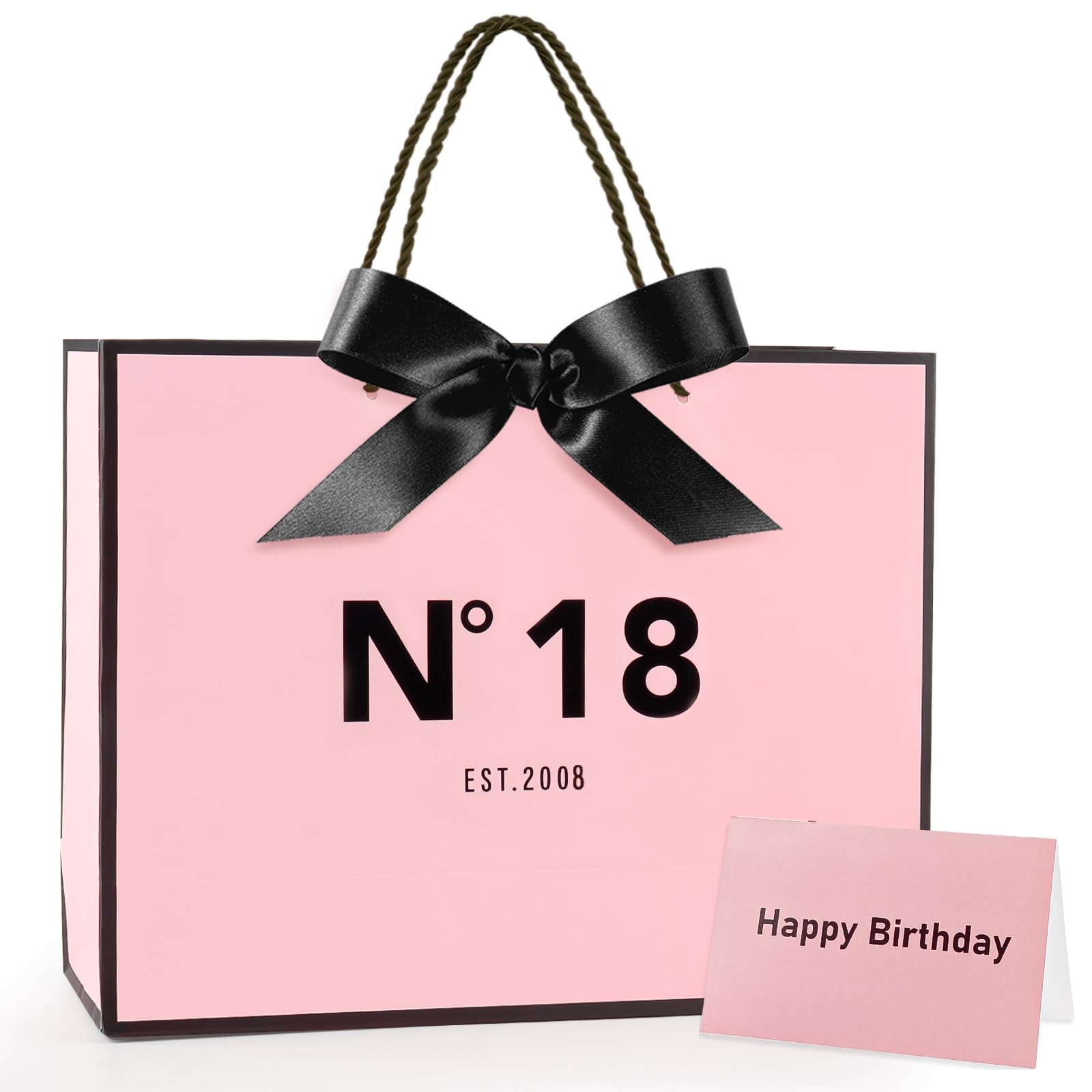 Yiran Girls Pink Black EST.2008 18th Birthday Gift Bag 13" with Greeting Handles and Ribbon for Celebrating Girls 18th Born Birthday Anniversary Present Paper Bags for Gifts Wrapping Decorations — image 1