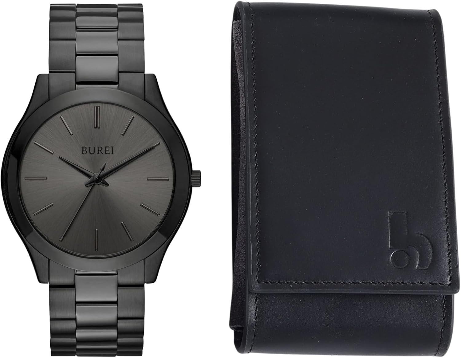 BUREI Mens Watch & Leather Travel Case Set, Men's Fashion Stainless Steel Analog Quartz Business Wristwatch + Portable Waterproof Watch Pouch, Watches Gift Set