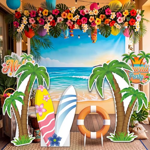 Image of 4 Pcs Hawaiian Party Decorations Set, Palm Tree Surfboard Swimming Ring Cardboard Cutout with Sturdy Bases for Tropical Luau Beach Themed Party Birthday Summer Photo Booth Props