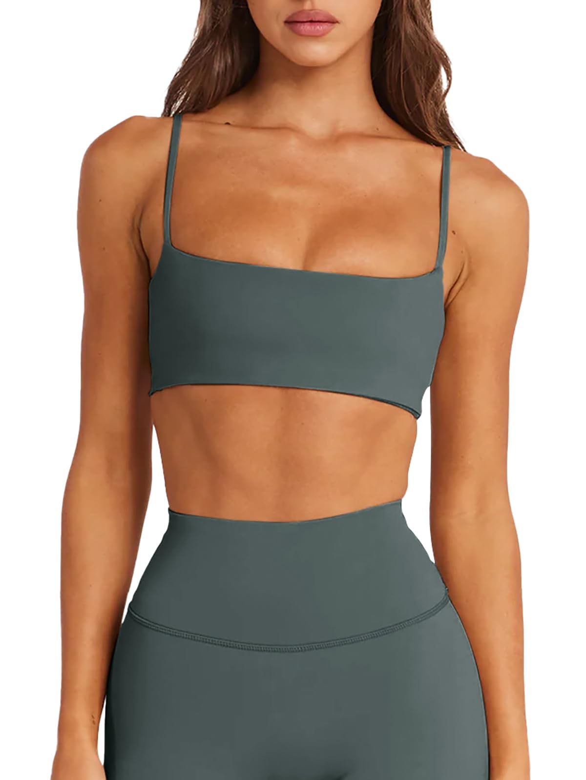 LASLULU Womens Adjustable Spaghetti Straps Sports Bra Square Neck Wireless Padded Workout Yoga Crop Tops