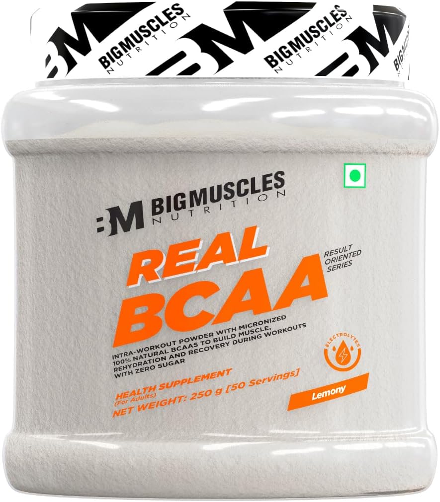 Bigmuscles Nutrition Real BCAA with Electrolytes [50 Servings, Lemony] | BCAA Powder in 2:1:1 Optimal Ratio | Powerful Intra Workout for Muscle Recovery & Endurance [250g], 1 count