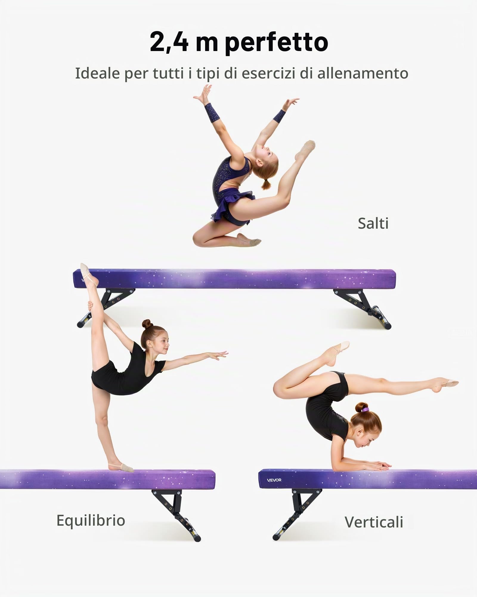 VEVOR Trave di Equilibrio per Ginnastica per Bambini, Altezza Regolabile 241 cm 5 Livelli, capacità di Carico 158,7 kg, Trave Ginnastica Artistica di Equilibrio per Casa Palestra, Galassia