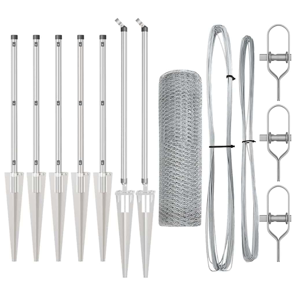 Fence Post Silver 10 x 0.8 m 13 mm Mesh Steel Garden Fence Panel Kit with 7 Spike Posts Weather Resistant Corrosion Proof Outdoor Security Barrier for Yard Terrace Enclosure
