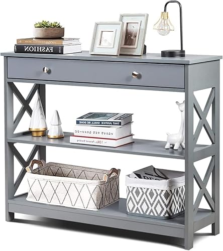 LUARANE - Mesa consola de 3 niveles, mesa de entrada con 2 estantes de almacenamiento abiertos, mesa de acento estrecha con marco de madera en forma