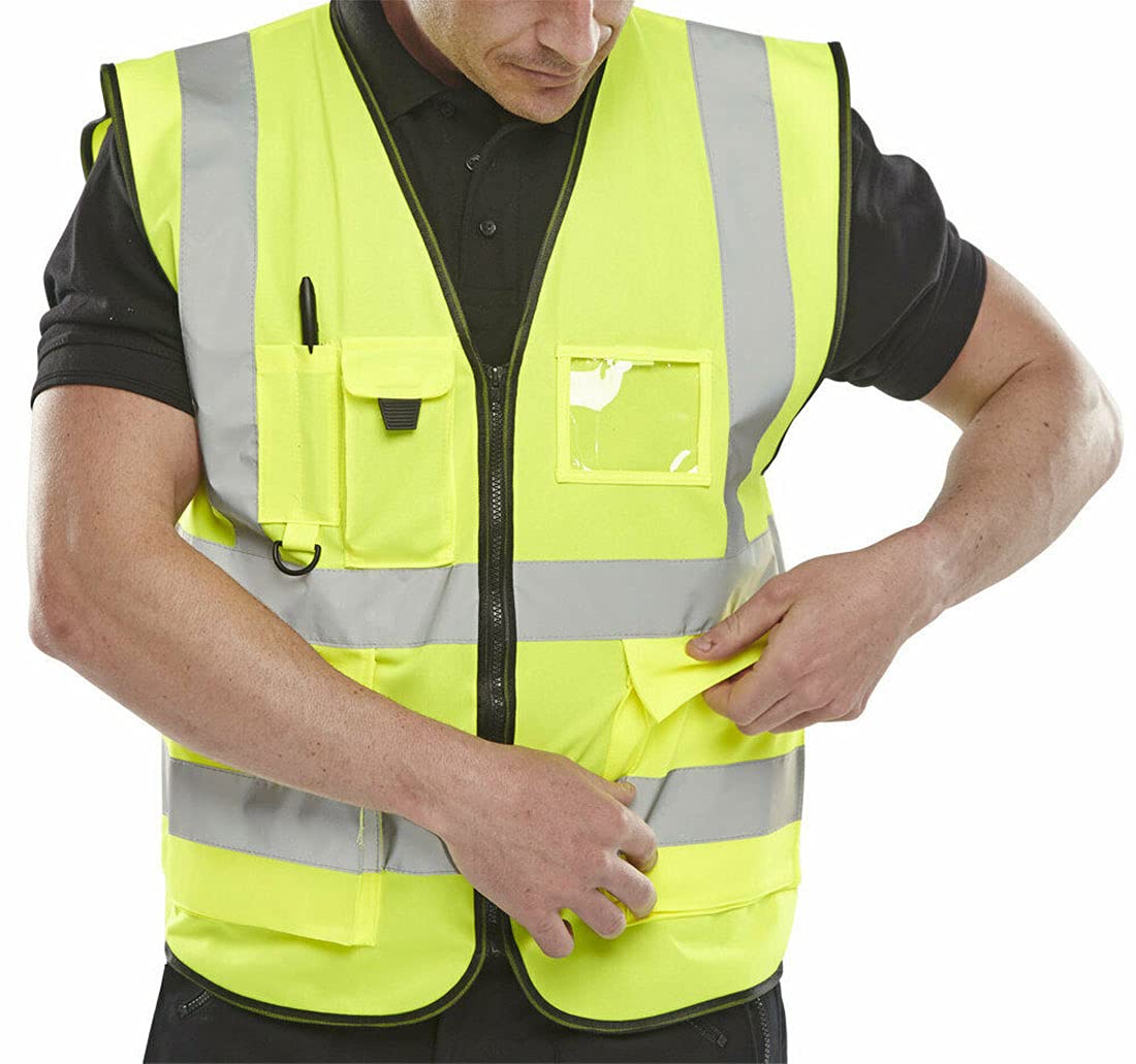FASHION 7STAR Mens Adults Hi Viz Vis Visibility Waistcoat Saturn With Multi Pockets And Zipper Vest (Yellow Medium)