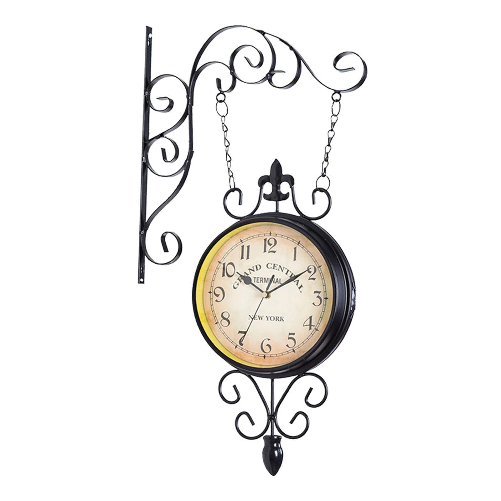 MagiDeal Horloge de Station à Double Face Suspendue au Mur, silencieuse avec Support Mural décoratif, Horloge Murale de Jardin pour la décoration de la Maison,