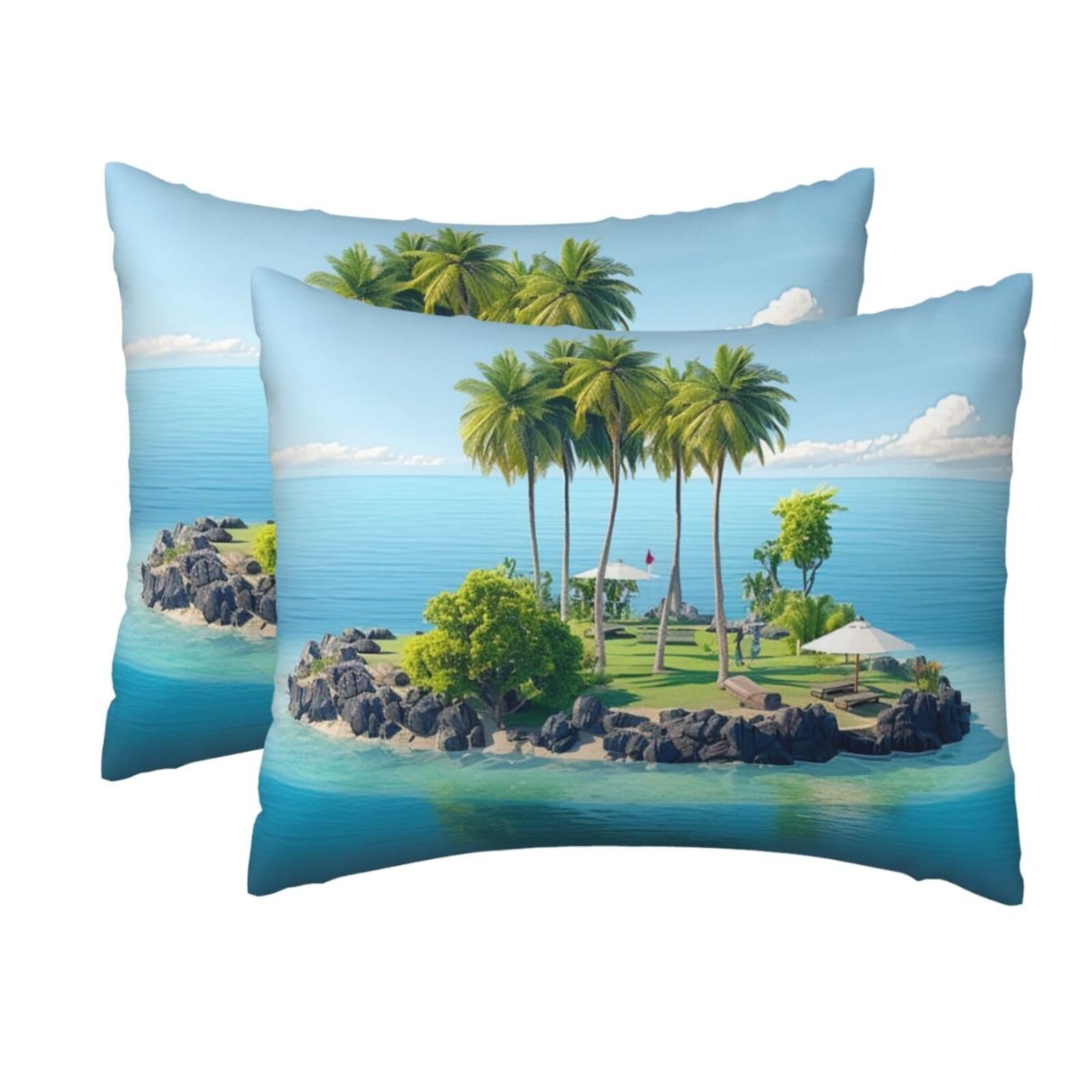 2 Pack Standard Size Pillow Cases for Hair and Skin Soft Breathable Pillow Case Covers with Hidden Zipper Ocean Island Pillowcase 20x26 Inches Pillow Cover for Sleeping Gift