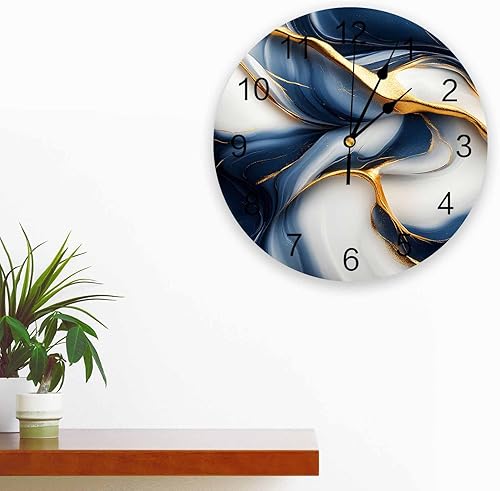 Miniatura 3 de Reloj de pared de PVC de mármol azul dorado para decoración de sala de estar, textura abstracta retro, silencioso, sin tictac, funciona con pilas,
