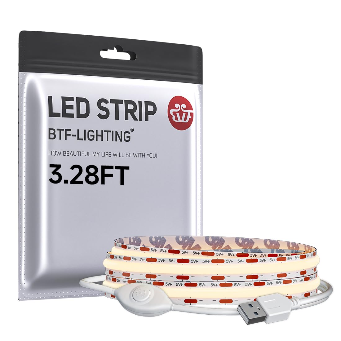 BTF-LIGHTING FCOB COB LED Strip Lights 5V USB Powered Warm White 3000K