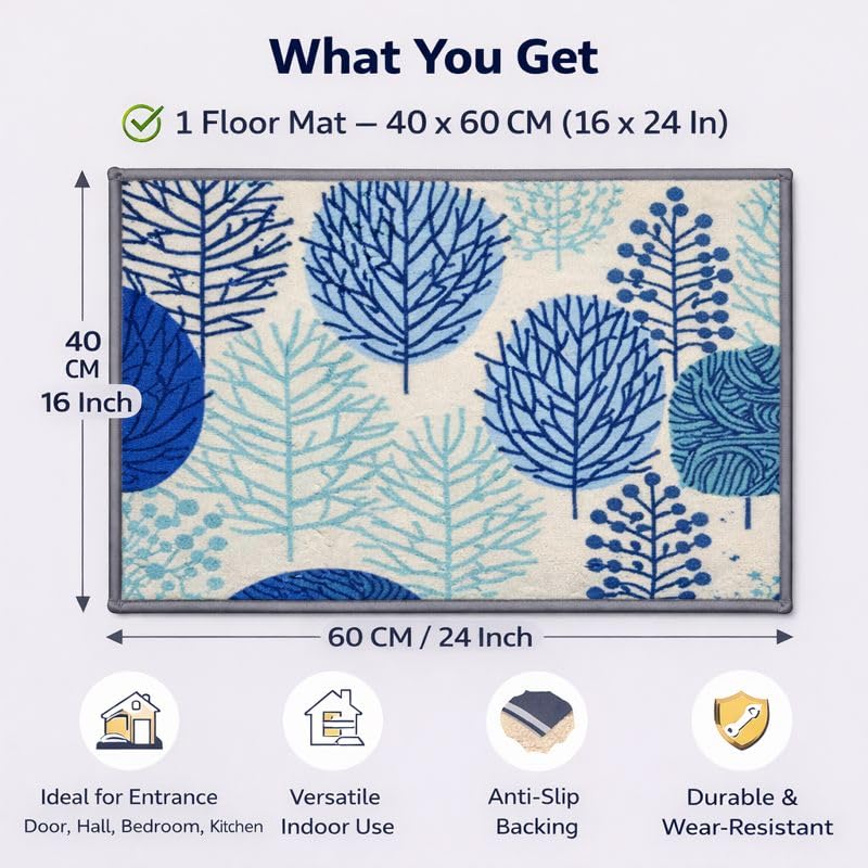 Image of Matz&More Nylon Tufted Gel Baking Anti-Slip Floor Mat | 40 x 60 cm | Blue & White Floral Design | Doormat for Home Entrance, Kitchen & Bedroom