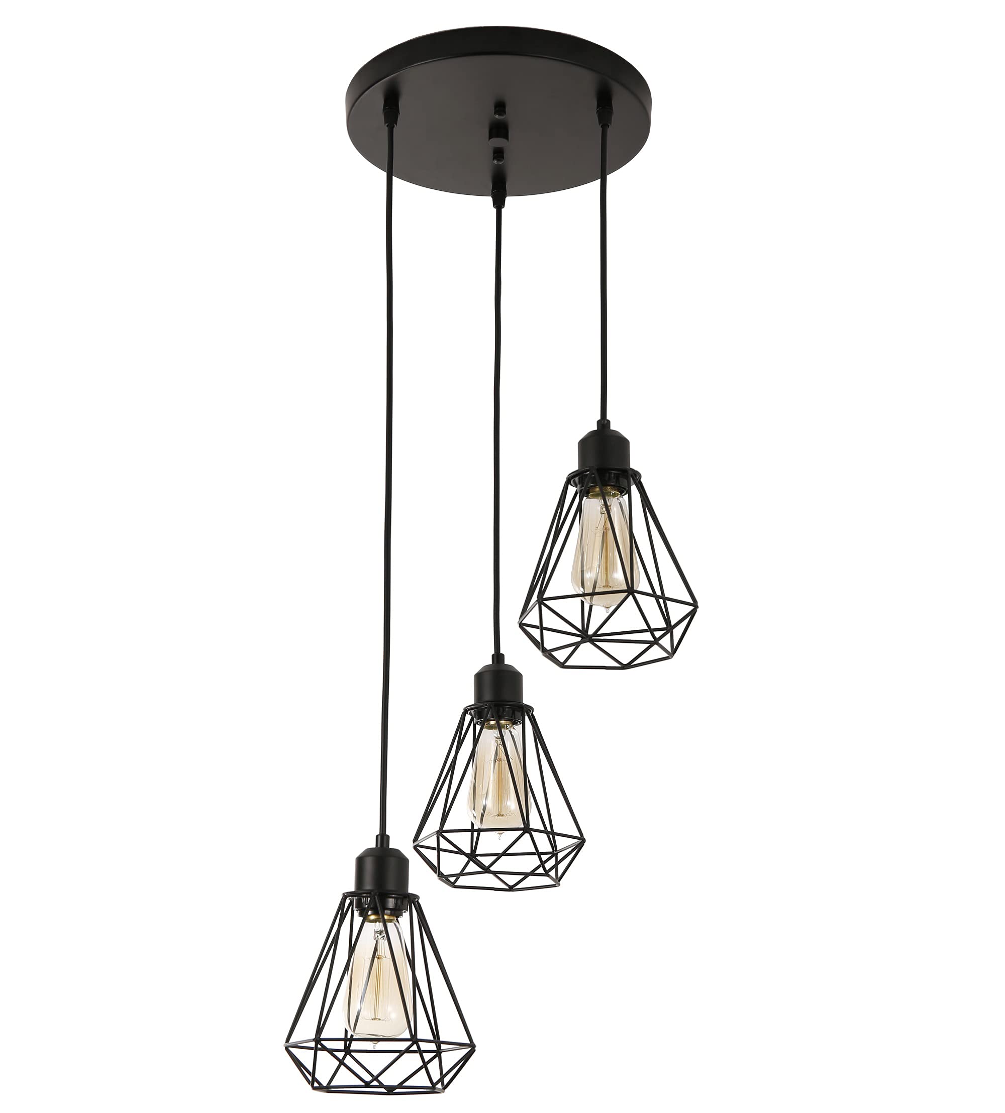 Industrial 3-Light Pendant Light, Flush Mount Ceiling Light Fixture with Black Metal Cage Shade, Vintage Hanging Pendant Lighting for Kitchen, Island, Dining Room, Hallway