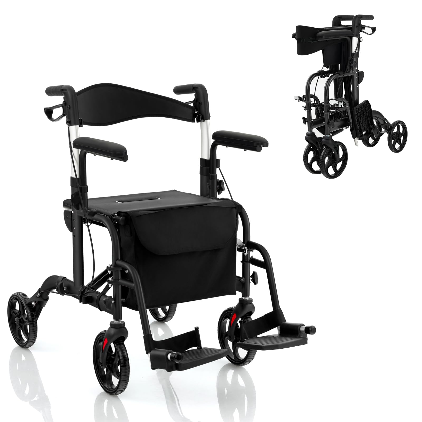 HOMASIS 2 en 1 Andador Plegable de Altura Ajustable con 4 Ruedas, Andador de Aluminio con Freno de Mano Portaparaguas, Asiento y Respaldo Reversible, para Personas Mayores, Carga 136 kg (Negro)