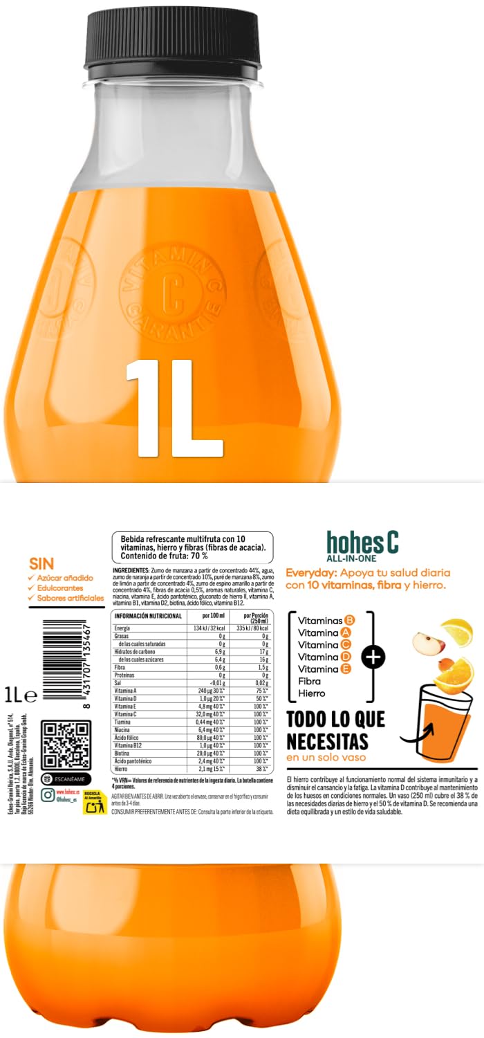 hohes C All in One Everyday Multifrutas de Naranja, Limón, Espino Amarillo con 10 vitaminas, Hierro y Fibra- Pack 6 x 1L