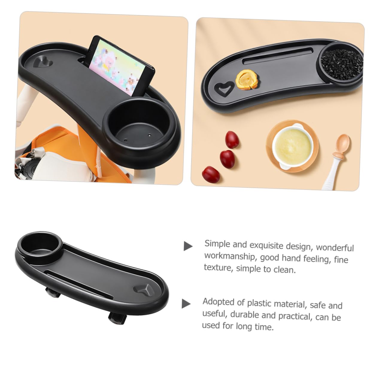 Plateau à Goûter pour Poussette Amovible avec Porte-gobelet Noir | Plastique, Stable et Sûr, pour Pram et Pushchair, Accessoire Bébé Pratique