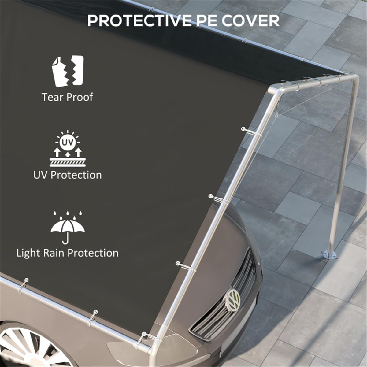 10'x20' Heavy-Duty Carport Canopy - UV-Protected Dark Gray PE Cover with Easy-Fasten Ball Bungee Cords, Quick Assembly for Outdoor Vehicle Protection