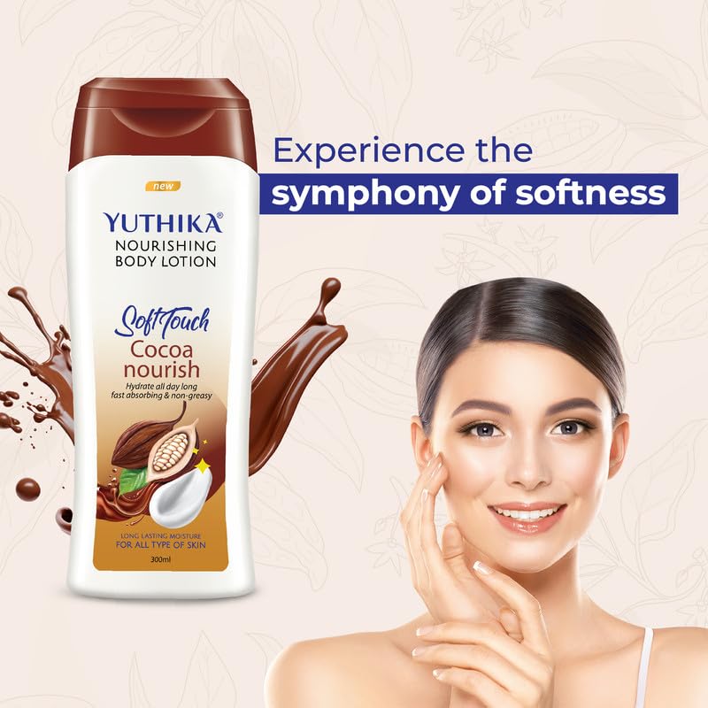 Image of Yuthika Naturals Cocoa Soft Touch 300ml Body Lotion for Women & Men | 72Hr Hydration | for Dry to Very Dry Skin | Enriched with Cocoa | Non Greasy & Healthy Looking Skin