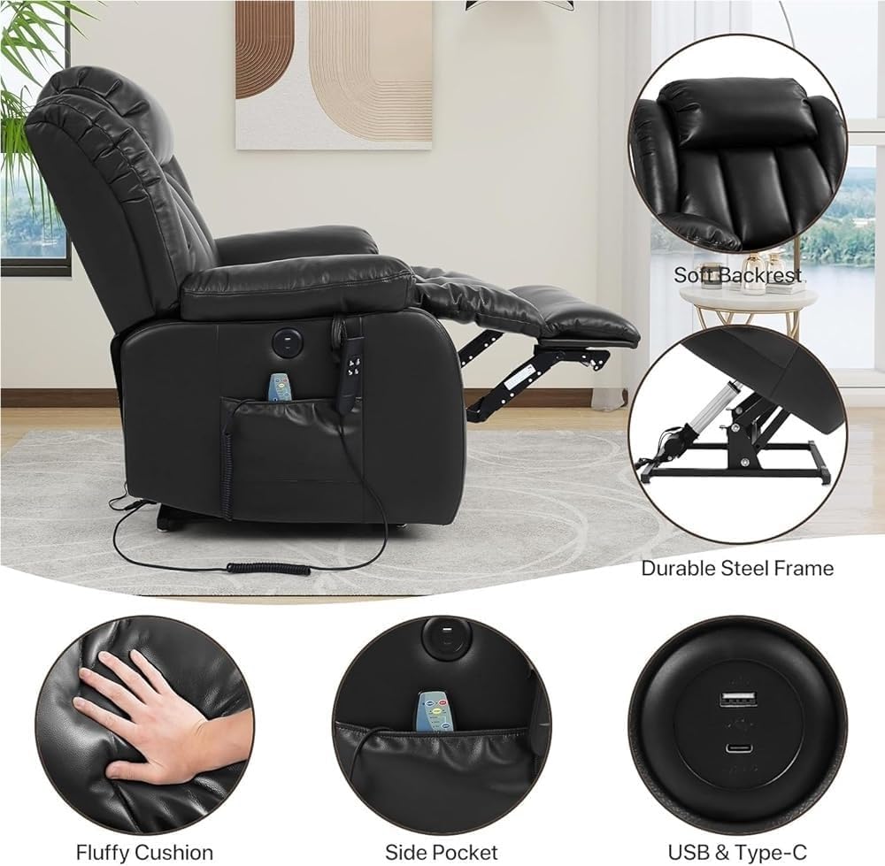 Overstuffed Wide Electric Lift Recliner Chair with Massage Heat Extended Footrest USB Ports Cup Holder Side Pockets Comfortable Seating for Elderly