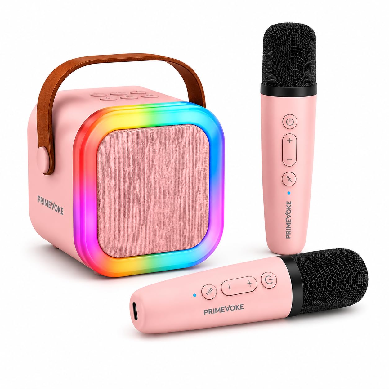 PRIMEVOKE Karaoke Speaker Set for Kids, Pink, with 2 Wireless Microphones, Bluetooth 5.3, LED Lights, Portable