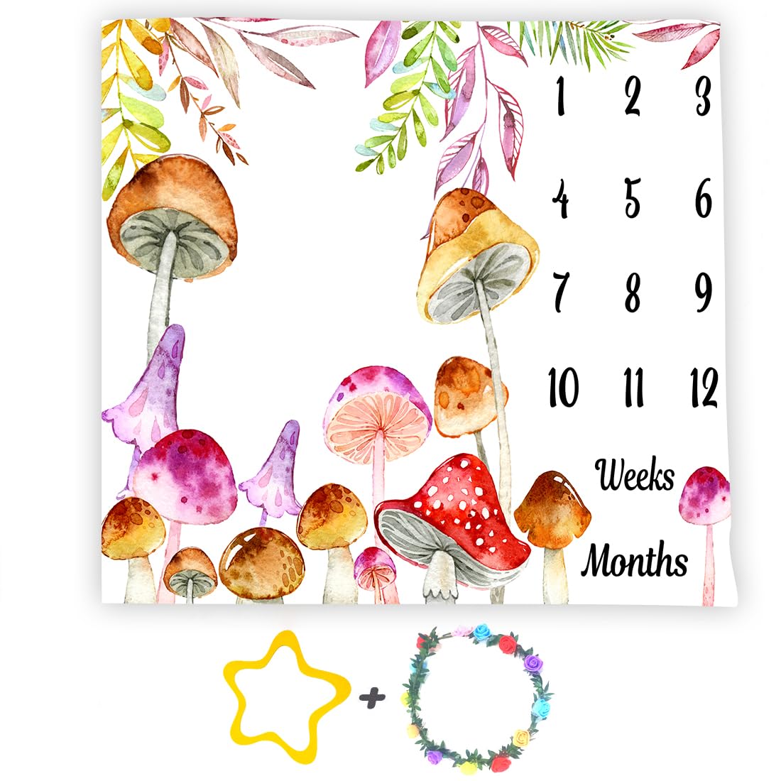 Mushroom Theme Baby Monthly Milestone Blanket Floral, Watercolor, 48x48in