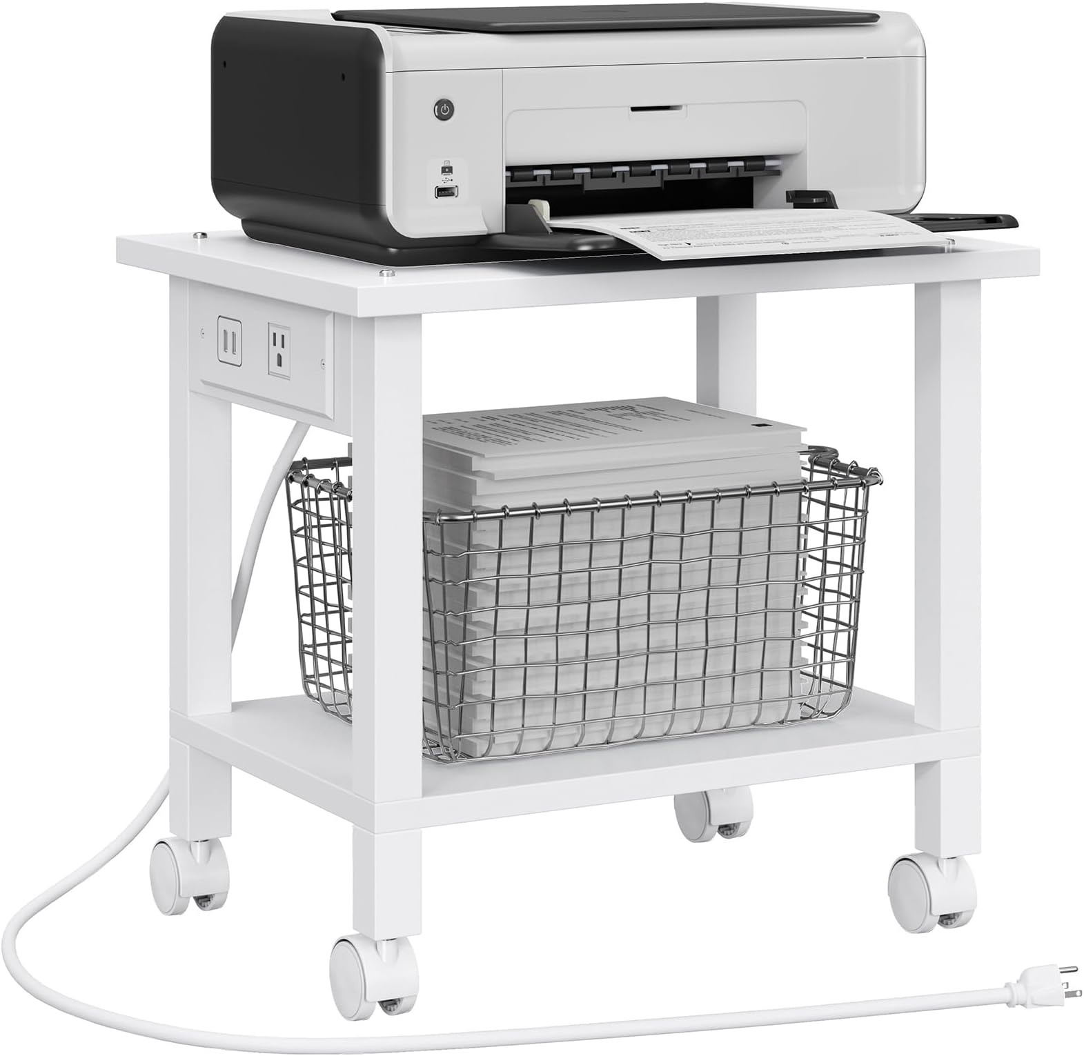 TUTOTAK 2 Tier Printer Stand, Rolling Printer Cart with Power Outlets and USB Ports, Mobile Printer Table with Wheels, for Under Desk, Office, Home, White PS01BW001